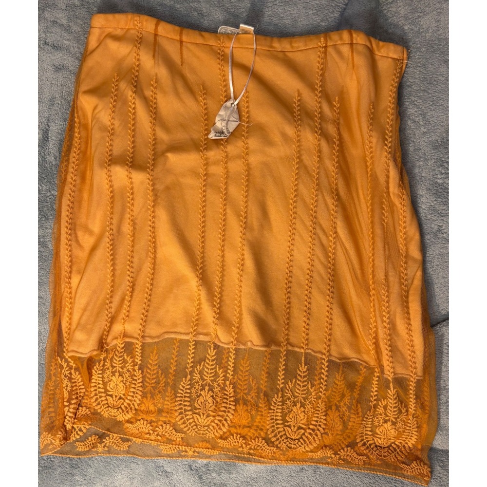 Polagram Orange Mesh Embroidered Lace Midi Skirt XL Floral Boho Sheer Hem